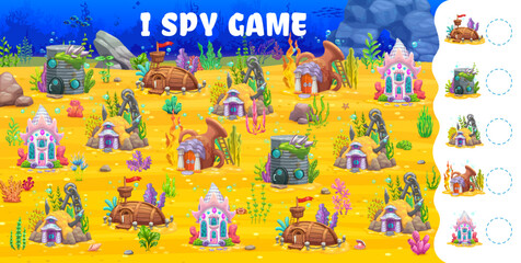 Poster - I spy game cartoon fairytale underwater house buildings. Vector riddle worksheet with cartoon tin can, jug, ship and anchor with seashell fantasy homes on sea bottom. How many dwellings children test