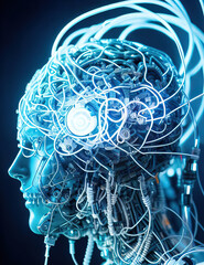 Poster - Sci-fi robotic brain organ, system cyborg brain. Generative AI