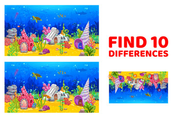 Wall Mural - Find ten differences. Cartoon sea underwater landscape with fairytale house buildings. Difference search kids game vector worksheet with coral, castle and seashell, fantasy dwelling on ocean bottom