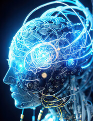 Poster - Sci-fi robotic brain organ, system cyborg brain. Generative AI