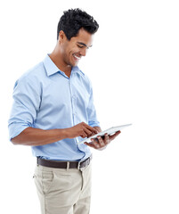 Business, smile and man with a tablet, typing and consultant isolated against a transparent background. Male person, happy employee and entrepreneur with technology, contact and connection with png