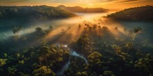 AI Generated. AI Generative. Beautiful Green Amazon Forest Landscape At Sunset Sunrise. Adventure Explore Air Dron View Vibe. Graphic Art