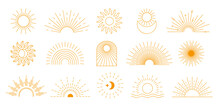 Bohemian Sunburst. Sunrise Symbol, Sun And Moon Rays. Symbolic Celestial Boho Motifs Decoration Elements Vector Set
