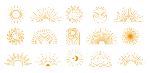 bohemian sunburst. sunrise symbol, sun and moon rays. symbolic celestial boho motifs decoration elem