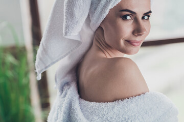 Canvas Print - Closeup photo of gorgeous lady doing morning procedures after shower vitality anti age lifestyle teasing look camera indoors