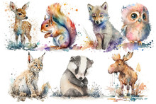 Safari Animal Set Badger, Deer, Owl, Lynx, Squirrel, Fox, Wolf, Moose In Watercolor Style. Isolated. Generative AI