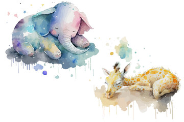 Sticker - Safari Animal set Cute giraffe and elephant sleeping on the moon in watercolor style. Isolated. Generative AI