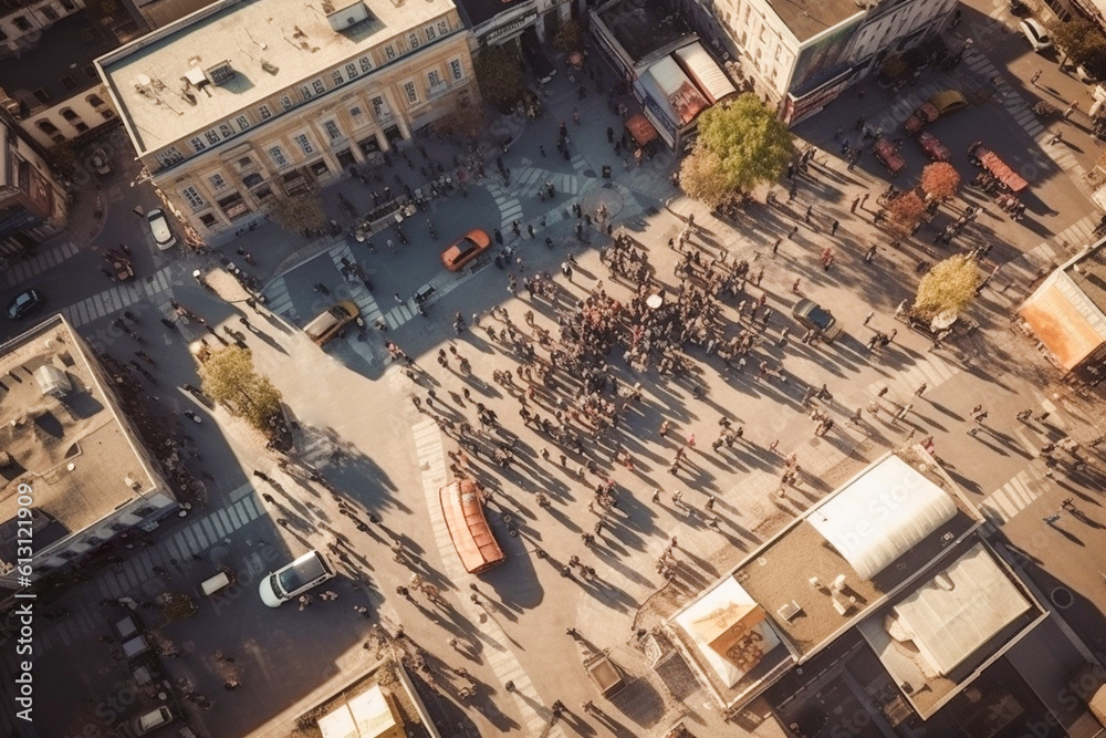 Top view of the city square with a crowd of people walking around ...