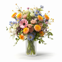 Bouquet Of Wild Flowers, Pale Colors, Pastel, Beautiful Floral Composition In A Glass Vase, Many Colors, Mother's Day, Valentine's Day, On A White Background Made With Generative AI