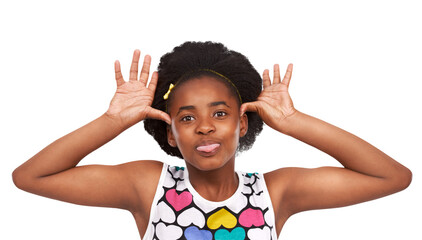 Black girl, child teaser and tongue out in portrait with funny face isolated on transparent png background. Young female person mock with silly expression, hand gesture and joke, comic and playful