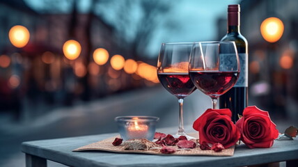 Wall Mural - romantic evening glass of wine and roses  on table in cafe street on sunset ,Valentine day greetings party,generated ai