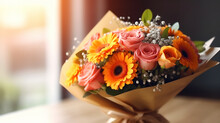 Roses and flower bouquet wrapped in kraft paper, gifting a bouquet, wrapping, beautiful, blurry background and warm light, bouquet on table, made with Generative AI