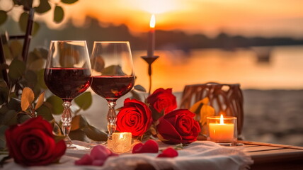 Wall Mural - romantic evening glass of wine and roses  on table in cafe street on sunset ,Valentine day greetings party,generated ai