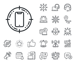 Poster - Phone sign. Place location, technology and smart speaker outline icons. Smartphone target line icon. Mobile device symbol. Smartphone target line sign. Influencer, brand ambassador icon. Vector