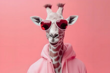 Humor Giraffe With Glasses And Hoodie On A Pastel Background. The Concept Of A Joke Of Fashion And Style. Generative AI
