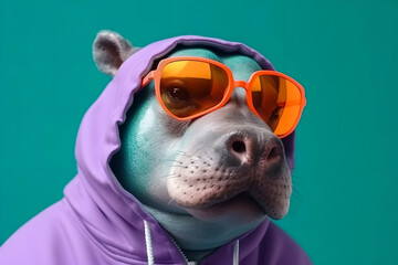 Wall Mural - A playful stylish hippopotamus in a hoodie and sunglasses looks at the camera. The concept of fashion, style and unexpected fun is minimal. Generative AI.