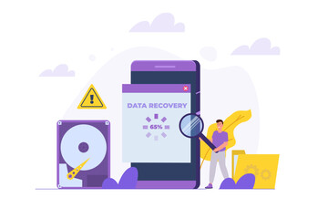 Data recovery, repairing HDD, data storage backup concept. Vector illustration