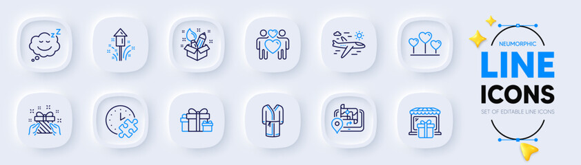 Airplane travel, Love heart and Gift line icons for web app. Pack of Bathrobe, Sleep, Gift shop pictogram icons. Gps, Creativity, Puzzle time signs. Fireworks, Holiday presents, Love couple. Vector