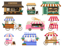 Cozy Market Stalls And Booths. Coffee And Bakery Shop, Ice Cream Van, Popcorn, Cotton Candy, Hot Dog And Drinks Kiosks Vector Illustration Set