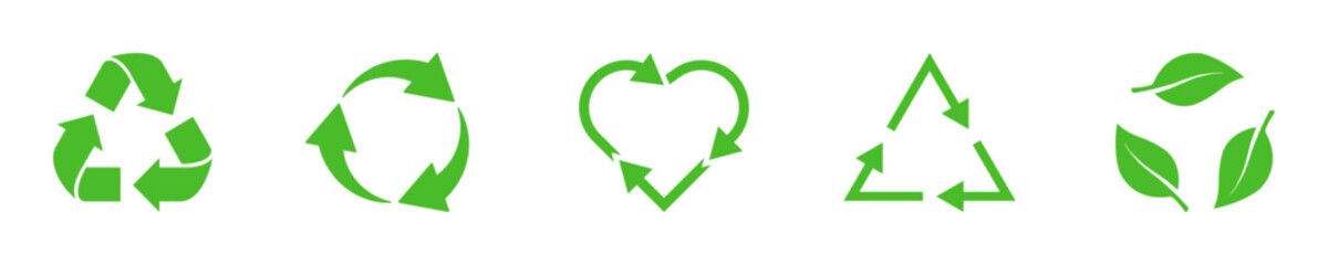 Poster - Recycle vector icon set. Arrows, heart, triangle and leaf green eco signs. Recycled resources symbols. Vector illustration.