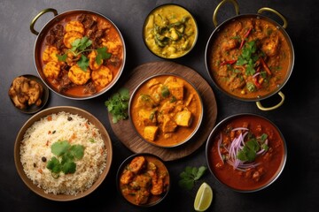 assorted indian curry food with multi-category dishes