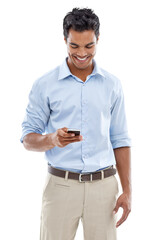 Phone, social media and communication with a business man isolated on a transparent background for networking. Smile, mobile and contact with a happy young male employee typing a text message on PNG