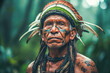 Portrait of a chief of an Amazon tribe dressed in ceremonial dress