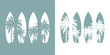 Logo club de surf. Silueta de grupo de tablas de surf con bosque de palmeras en espacio negativo