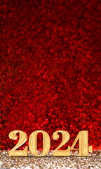 Poster - happy new year 2024 3d rendering gold color on red glitter background
