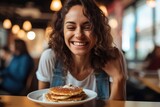 Fototapeta Zachód słońca - A woman eating pancakes with syrup in cafe, AI Generative