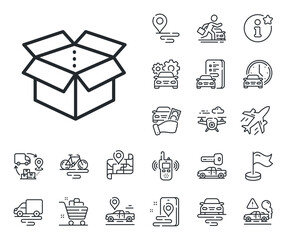 Poster - delivery parcel sign. plane, supply chain and place location outline icons. open box line icon. carg