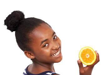 Portrait, fruit and black girl with a smile, orange and model isolated against a transparent background. Face, female child and young person with happiness, juicy and citrus with png or healthy snack