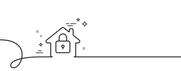 Lock line icon. Continuous one line with curl. Home protection sign. House padlock symbol. Lock single outline ribbon. Loop curve pattern. Vector