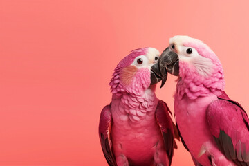 Wall Mural - Two big pink lovesick parrots are sitting next to each other and hugging, Generative AI, generative artificial intelligence