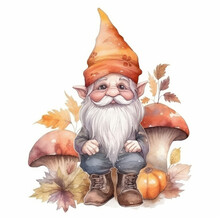 Autumn Gnome, Watercolor. Cute Fairy Tale Forest Gnome, Fall And Mushrooms. Generative Ai Illustration