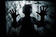 Alone in the Dark: A Creepy Silhouette of a Child Behind Glass with a Horrifying Background: Generative AI