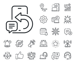 Poster - Smartphone app sign. Place location, technology and smart speaker outline icons. Phone message line icon. Cellphone mobile device symbol. Phone message line sign. Vector
