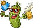 Cool pickle cartoon mascot with attitude holding at tall mug of beer and wearing sunglasses vector illustration