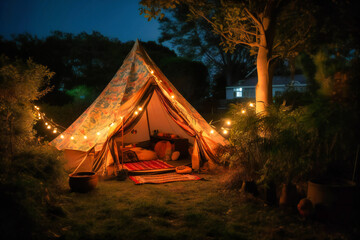 a tent with camping lights set up at night