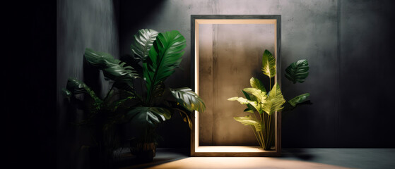 Loft, modern interior mockup with empty frame on concrete textured wall with tropical plants on the floor. Luxury hotel resort background for bathroom. Vacation template. Minimalism. Generative ai.