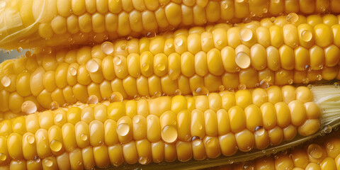 Wall Mural - Top view closeup of milky pilled corn cob in drops of water on a black background surface. Vegetable wallpaper, fresh healthy yellow corns concept banner. Generative AI professional photo imitation.