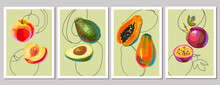 Collection Of Rectangular Posters With Fruits. Passion Fruit, Peach, Papaya And Avocado On Olive. Bright Fruits In Cartoon Style And Doodles. Hand Drawn. Vector For Wall Art, Label, Postcard, Cover.