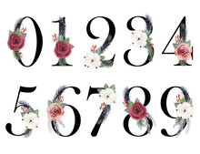 Watercolor Christmas Floral Numbers For Invitations, Greeting Card, Birthday, Logo, Poster And Other.