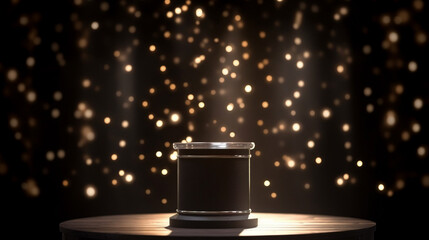 Product stage podium background beauty bokeh light pedestal platform template mockup design luxury display on empty abstract cosmetic scene stand showcase backdrop. Black, gold color. Generated by AI