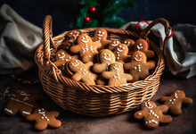 Gingerbread Cookies Are Sitting In A Basket Near Candy Canes