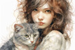 © SANGHYUN - Sweet grey kitty with a heavy set woman with curly light brown hair with grey streaks in the style of line art and watercolor. AI generative