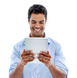 Professional man, smile and reading tablet isolated on transparent png background for news, search or review. Business, happy and indian person with website information on digital tech or application