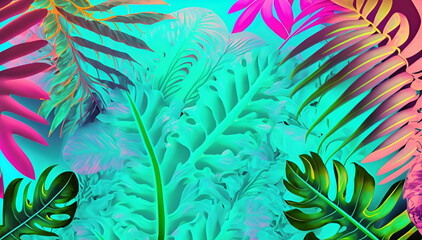 Wall Mural - feathers on a green background, Creative fluorescent colors layout made of tropical leaf, seamless, design, art, AI generated	