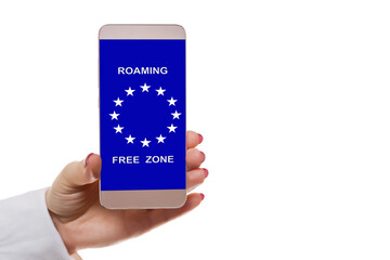 Wall Mural - Roaming Free Euro Zone. Smart phone. European Union flag.