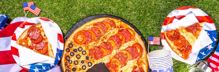 Sticker - july 4th holiday party pizza, Fourth of July, Patriotic Independence day festive and picnic food. Pepperoni, tomato and black olive pizza with lot of mozzarella, in form of American flag